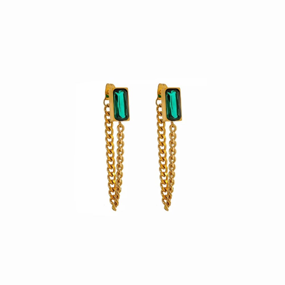 Cuban Chain Earrings with Green Emerald Cut Stone.